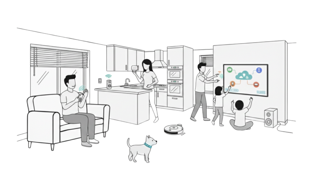 Illustration eines modernen Smart Homes mit mehreren vernetzten Geräten wie Smart-TV, Tablets und Konsolen, während Firegate die Netzwerksicherheit für das gesamte Zuhause verwaltet.