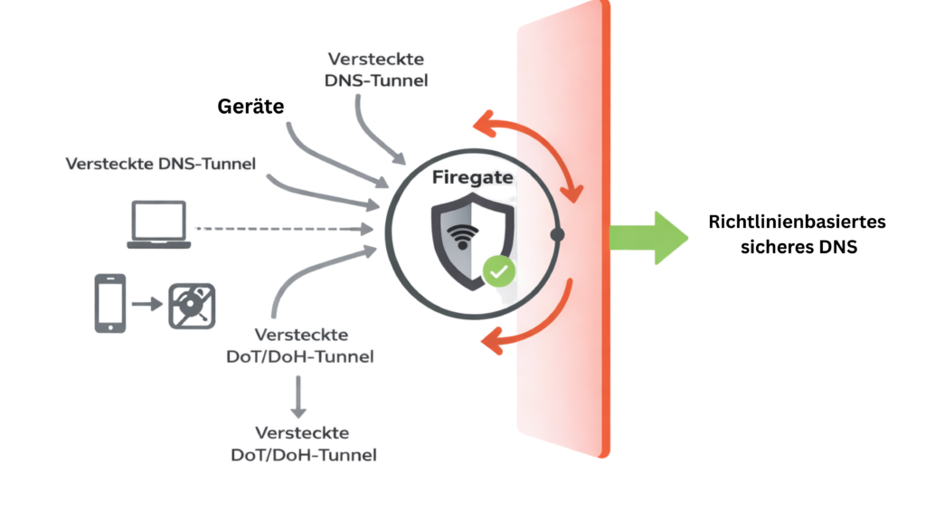 Diagramm zur Analyse verschlüsselter Tunnel: Firegate identifiziert versteckte DNS-, DoT- und DoH-Verbindungen, um Umgehungsversuche der Sicherheitsrichtlinien zu verhindern.