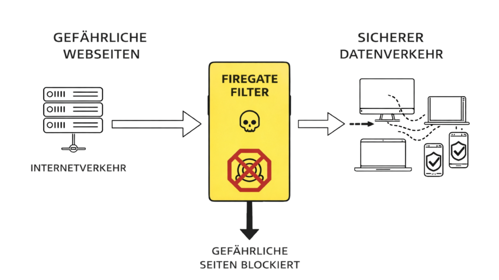Infografik: Der Firegate Filter analysiert den Internetverkehr, blockiert gefährliche Webseiten und lässt nur sicheren Datenverkehr zu den Endgeräten durch.