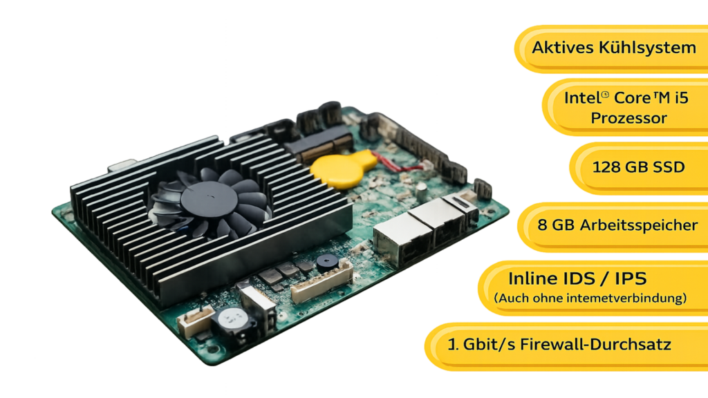 Detailansicht der Firegate Platine mit Spezifikationen: Intel Core i5 Prozessor, 8 GB RAM, 128 GB SSD und 1 Gbit/s Firewall-Durchsatz.